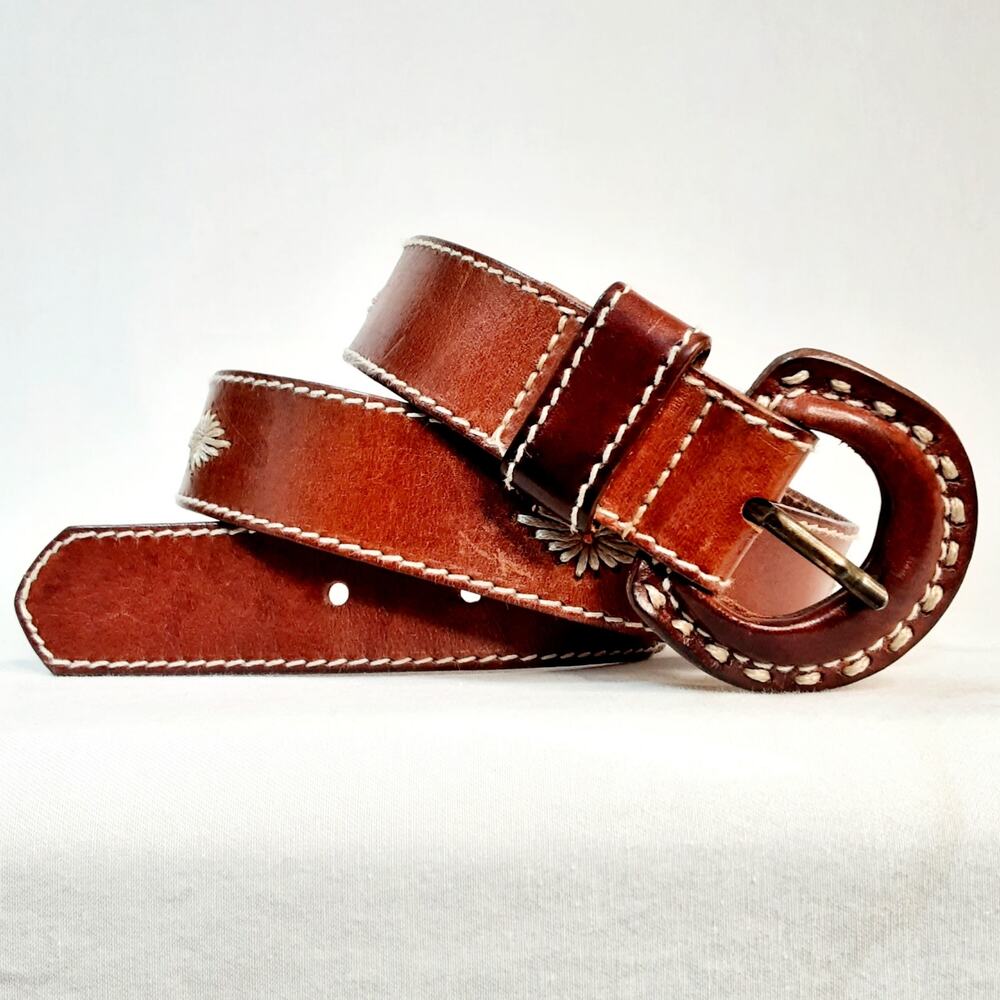💎Echo Western Style Belt Unisex Medium Waist Copper Brown Leather Embroidered